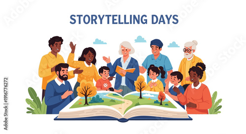 Diverse group celebrating storytelling with giant book