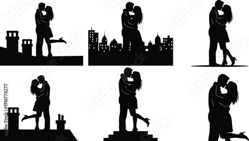 Black vector silhouette set of romantic couples kissing and hugging on rooftops with city skylines for wedding engagement valentines day and relationship branding
