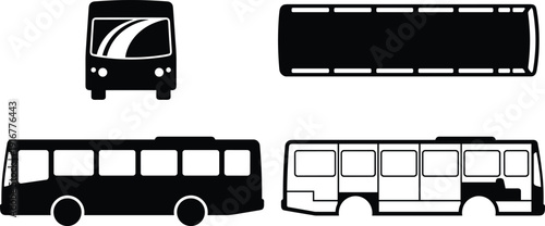 Bus Silhouette Set with Front Side and Top Views Isolated on White Background for Public Transportation Design