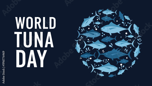 World Tuna Day celebration with a school of blue tuna fish swimming in circle formation
