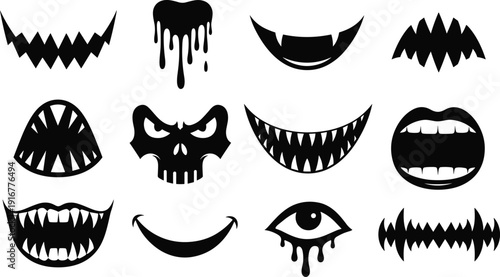 Black vector silhouette set of spooky Halloween mouth expressions with fangs monster teeth skull face and creepy bleeding eye for horror party decor branding