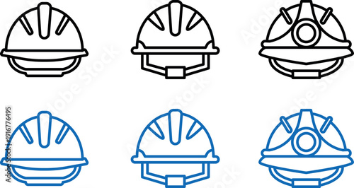 Collection of six detailed line art illustrations of construction helmets in various styles