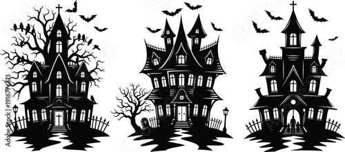 Black vector silhouette set of spooky haunted houses with bats flying and creepy trees for Halloween party invitations horror themes and seasonal holiday branding