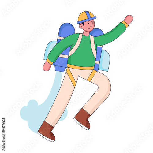 Flat illustration depicting a character wearing jet pack