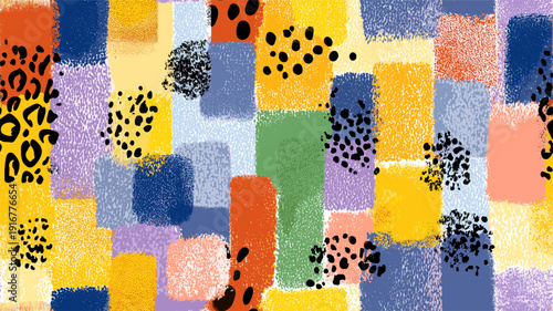 Abstract animal skin pattern with colorful blocks. Seamless collage pattern featuring diverse animal print textures and abstract color blocks