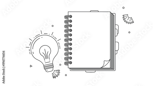 Minimalist black and white sketch of an open notebook next to a glowing light bulb, representing creative ideas and thoughtful planning.