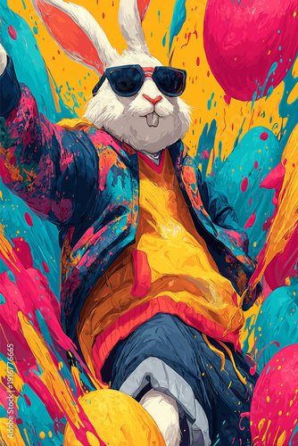 Cool Easter bunny wearing sunglasses holding decorated egg. Easter poster. Anthropomorphic bunny wearing colorful jacket, surrounded by paint splatters and festive eggs