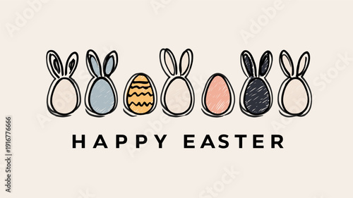 Easter eggs with bunny ears and Happy Easter text. Happy Easter greeting card. Pastel colored eggs with bunny ears and Happy Easter text, celebrating spring holiday