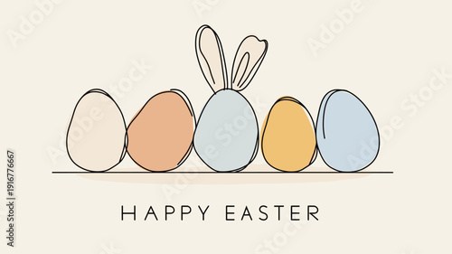 Easter eggs with bunny ears and Happy Easter text. Happy Easter greeting card. Pastel colored eggs with bunny ears and Happy Easter text, celebrating spring holiday