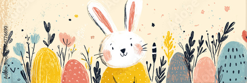 Happy Easter bunny finding colorful eggs in spring field banner. Cute bunny standing among pastel colored Easter eggs and stylized spring plants