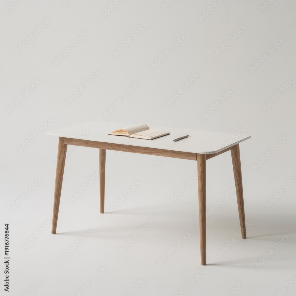 Fototapeta premium Minimalist White Table With Wooden Legs Featuring a Notebook and Pencil On Clean Background