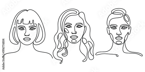 Minimalist line art illustration of three diverse women's faces with different hairstyles