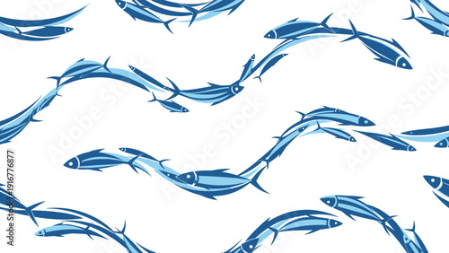 Seamless nautical pattern of blue fish swimming in undulating waves, creating a sense of movement and depth in an oceanic illustration.