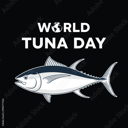 World Tuna Day illustration of a tuna fish with white and blue coloring on a dark background