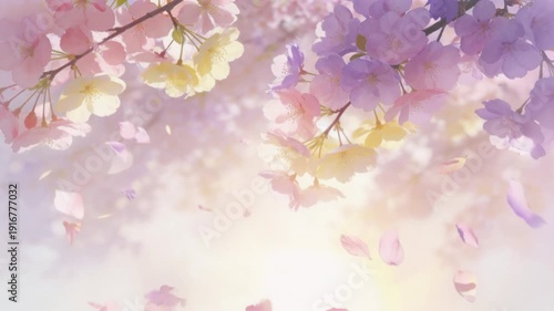 Spring blossom canopy with petals falling in slow spirals, soft pastel light filtering through branches, dreamy atmospheric motion and ultra‑soft gradients.