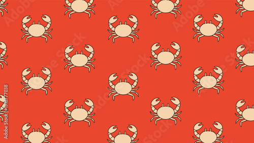 Seamless pattern of small tan crabs arranged in a repeating grid on a bright orange-red background, perfect for nautical and sea themes.
