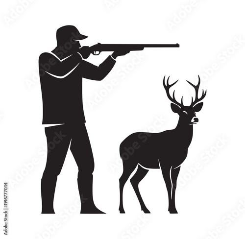man aiming shotgun at deer standing next to him in black silhouette on white background