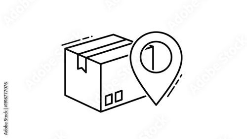 Minimalist line art illustration of a cardboard shipping box paired with a location pin icon, symbolizing package tracking and delivery.