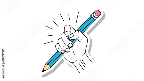 Sticker-style illustration of a hand firmly grasping a blue pencil with a pink eraser, representing artistic creativity and sketching.