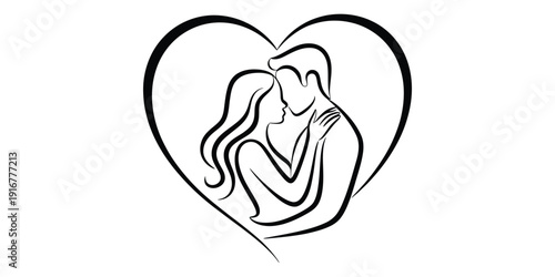 Minimalist line art illustration of a romantic couple embracing inside a heart frame