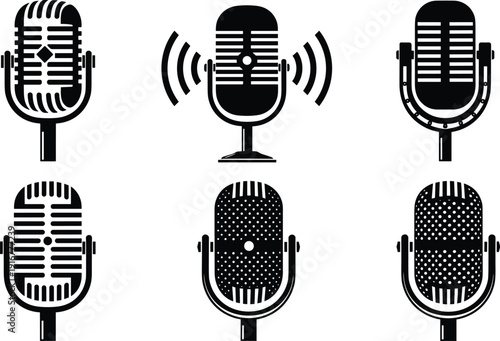 Black vector silhouette set of vintage radio microphones for podcasting broadcasting live performance recording studio equipment journalism and classic retro audio media branding