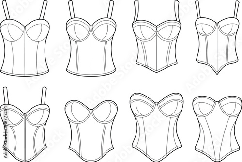 Technical fashion sketch set of women corset tops and bustier camisoles with sweetheart necklines and seam details isolated on white for apparel design production.