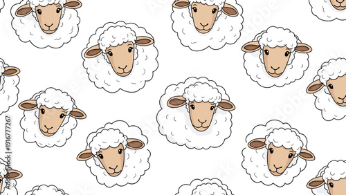 Charming seamless pattern of fluffy white sheep heads with cute faces and woolly bodies scattered across a clean white background theme.