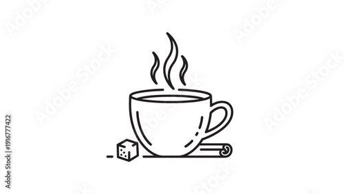 Clean black line art illustration of a steaming cup of coffee next to a sugar cube and a cinnamon stick on a minimalist white backdrop.