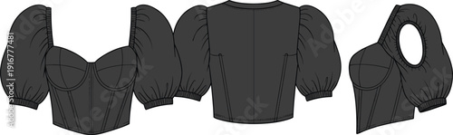 Black vector technical sketch set of women puff sleeve corset tops with sweetheart neckline for fashion branding garment manufacturing clothing retail and apparel design
