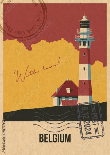 Belgium Attraction Postcard, North Sea Lighthouse Popular Place Illustration, Vector Template Retro Style Greeting Card. Vintage Colors, Aged Paper Texture