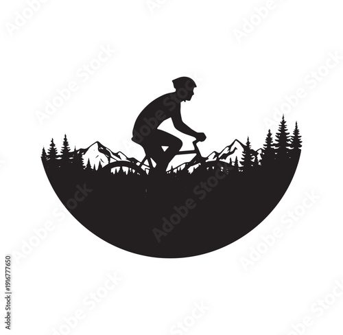 man riding bicycle on mountain trail with trees and mountains in background