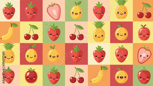 Cheerful grid pattern featuring various colorful fruit characters with cute faces on different colored square backgrounds for kids.