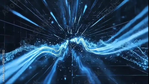 Abstract tunnel of light and water flowing through digital grid, futuristic motion background