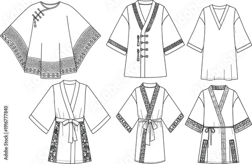 Vector line art set of traditional ethnic garments including robes ponchos and kimonos with ornate patterns for fashion design cultural apparel and textile branding