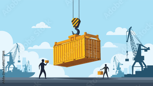 Industrial scene illustration showing silhouettes of workers and cranes moving a large yellow shipping container at a busy cargo seaport.