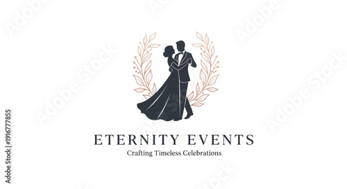 Elegant Couple Dancing with Floral Wreath Eternity Events Logo.