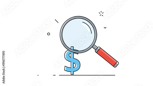 Magnifying glass focusing on a blue dollar sign symbol represents financial analysis, investment research, and monetary scrutiny.