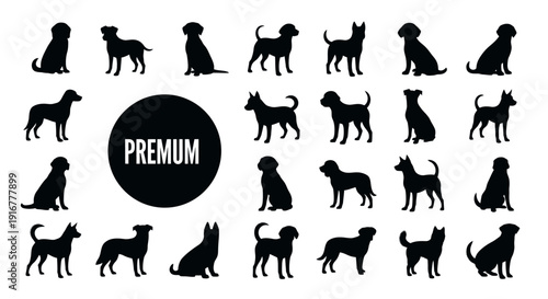 Collection of Dog Silhouettes in Various Poses and Breeds Displayed Around a Central Premium Label