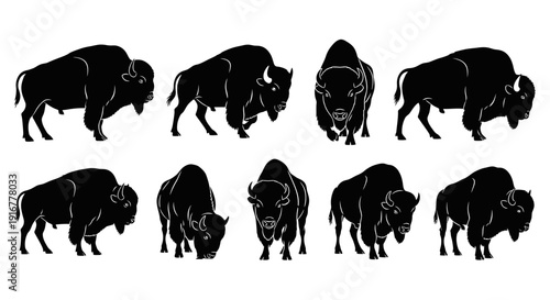 Collection of bison silhouettes in various poses and grazing actions on white background, viewed from different angles, captured in illustration