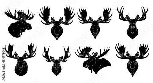 Collection of moose head silhouettes in various orientations and antler configurations, showcasing wildlife illustration styles on a clean background