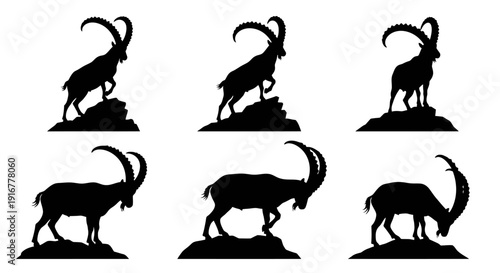 Collection of silhouetted animals posing on rocky outcrops in various dynamic poses and angles