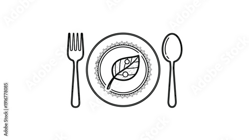 Outline illustration of a dinner plate with a leaf motif in the center accompanied by a fork and spoon for healthy dining concepts.
