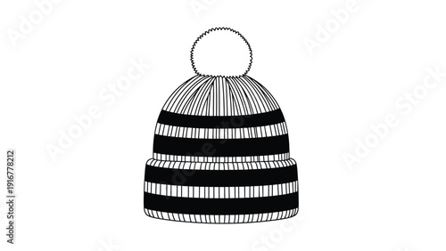 Simple line art drawing of a striped wool beanie hat with a fluffy pom-pom shown from a front view for winter clothing catalogs.
