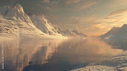 Ultra realistic alpine mountain lake at golden hour with perfect reflection and natural lighting. Ideal for travel, adventure, wellness, branding and premium editorial backgrounds.