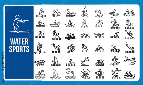 Water Sports Swimming Line Icons Vector Set – Pool Diving Surfing Kayak Boat Swim Snorkel Wave Beach Paddle Sail Outline Icon Pack UI Web App