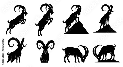 Collection of goat silhouettes in various poses and actions on different terrains and environments