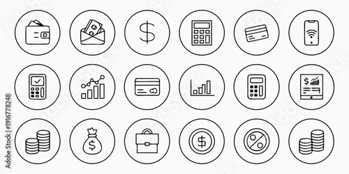 Financial Icons: A collection of meticulously crafted financial icons, each encapsulated within a circular frame, representing key elements of financial operations, investments, and transactions.