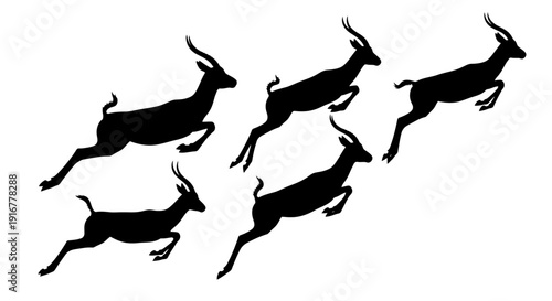 A dynamic illustration of multiple antelopes in mid-leap, showcasing their agility and speed in a natural, open environment from a side viewpoint