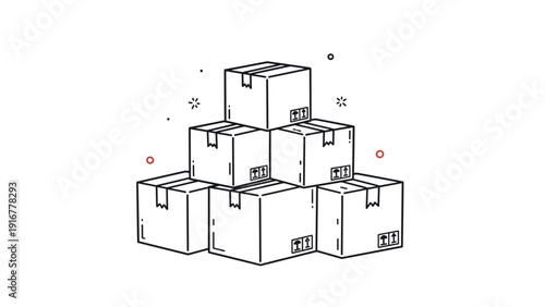 Group of stacked cardboard delivery boxes with shipping labels and tape are shown in a clean line art style for logistics businesses.