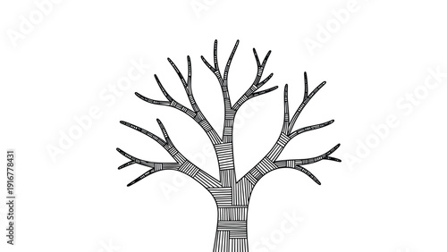 Intricate line drawing of a bare tree with numerous branches and textured bark is presented as a minimalist nature silhouette design.